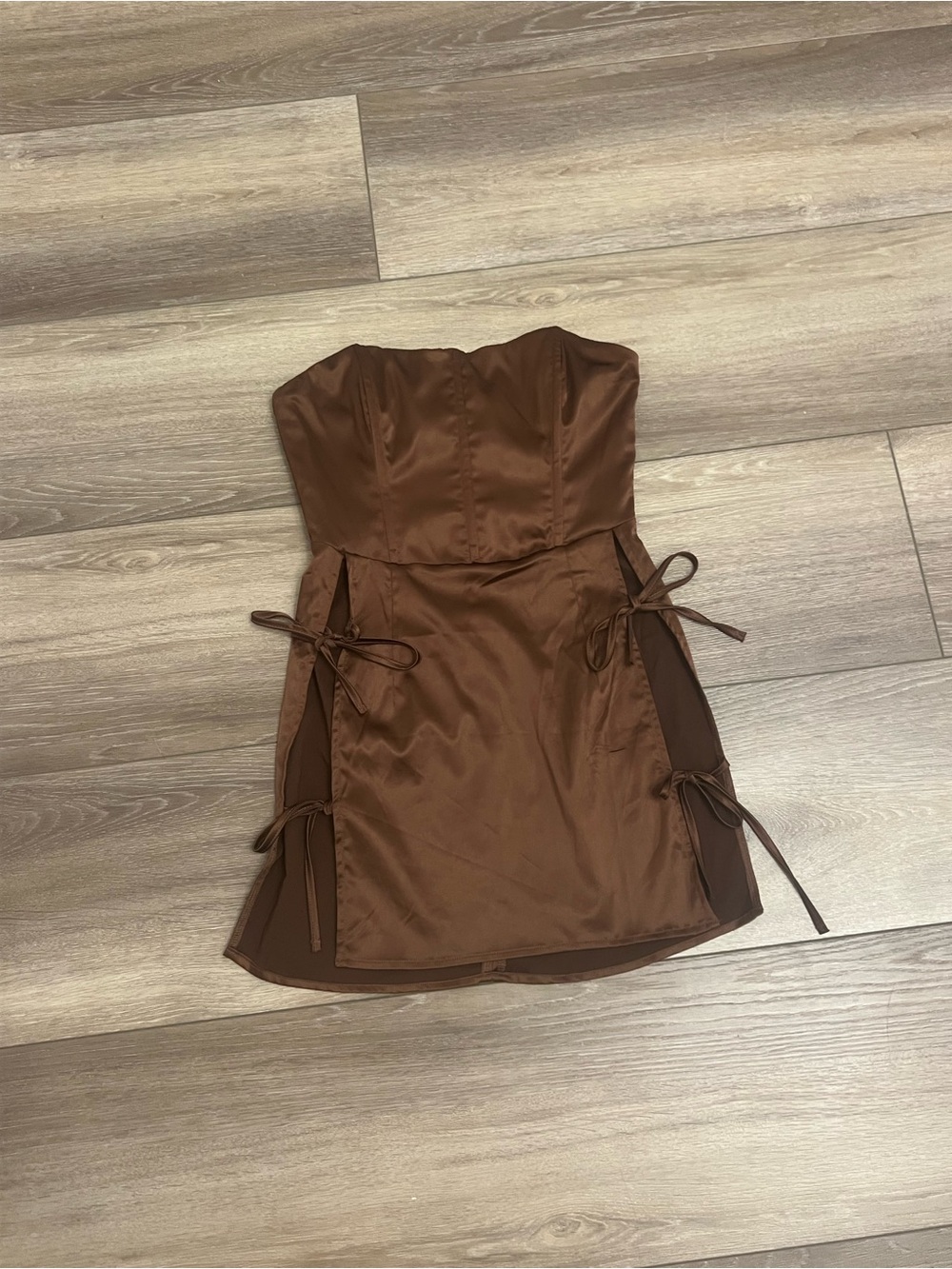 Strapless Chocolate Brown Satin Mini Dress with Side Tie Details